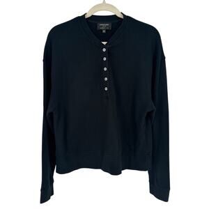 Earnest Sewn Black Cropped Henley Crewneck Sweater Winter Casual Relaxed S